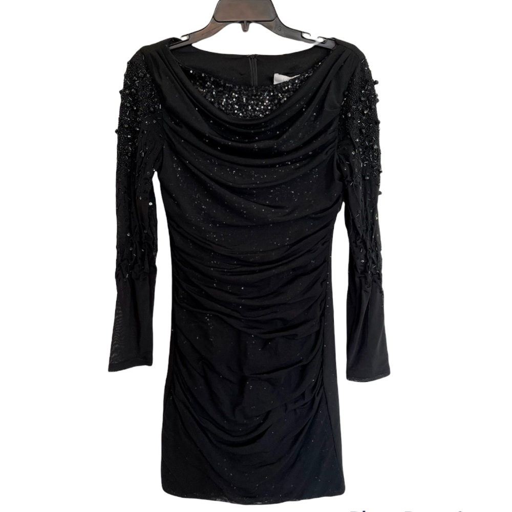 Badgley Mischka Black Sequin Party Cocktail Mini Dress Long Sleeve Size 6